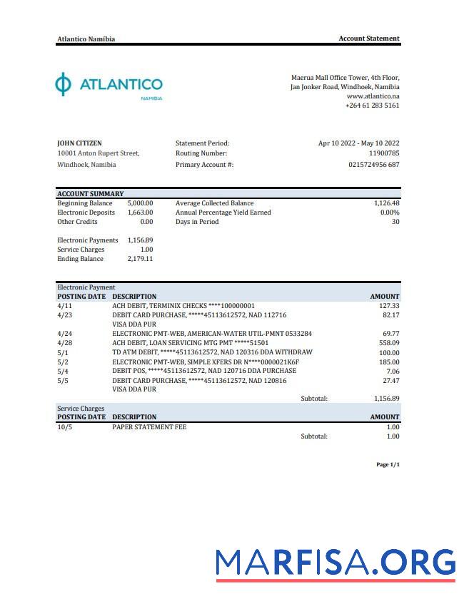 Downloadable Namibia Atlantico bank statement excel real example